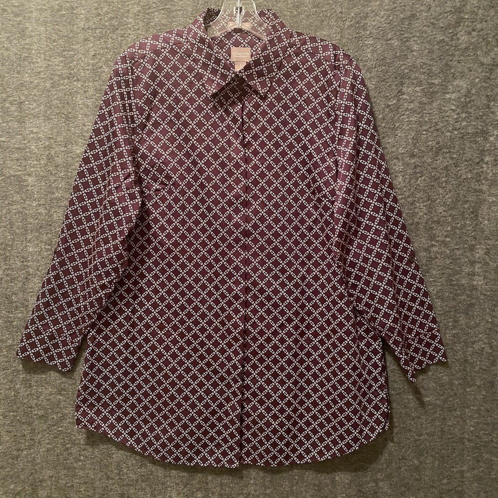 Chicos Shirt‎ Womens 1 Medium Purple White Roll Tab No Iron Button Up Top Career